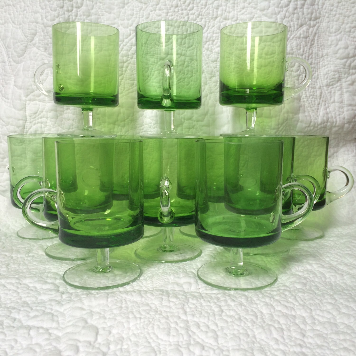 Vintage Glass Tea Cups or Coffee Mugs. Danish Mid Century Modern Green Glass Mugs. Set of 12