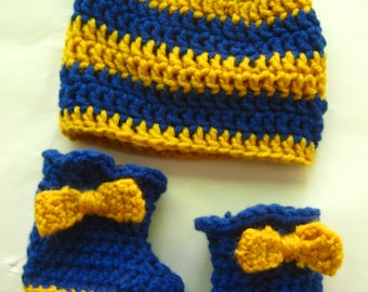 Sorority Baby shower Booties and hat,blue and gold,sigma gamma rho,theta phi alpha