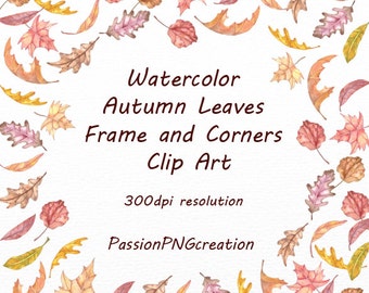 Watercolor autumn leaves frame and corners clipart, Autumn clip art, Watercolor Foliage, Leaves, fall leaves, Personal and Commercial Use