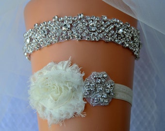 Crystal Bridal Garter Set, Wedding Garter Set Ivory,White Ivory Shabby Chic Rhinestone Garter, Crystal Rhinestone Garter and Toss Garter Set