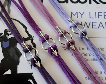 4 COLORS Hawkeye Bracelet Marvel Comic Inspired Jewelry Clint Barton Kate Bishop Avenger Silver Arrow Charm Purple Faux Suede Nerd Geek Gift