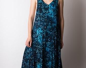 vintage 1990s BATIK STARS indigo blue cosmic open sides tank dress super draped maxi festival airy 90s os