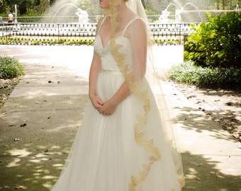 Gold Lace Wedding Veil, Gold Lace Ivory Mantilla Veil, Waltz Veil, Unique Veil, Gold Lace Waltz Ivory Veil- THERESA