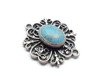 Sophisticated Turquoise Connector Pendant- 40mm Matte Silver Plated Bezel Pendant, Filigree Frame- GS016