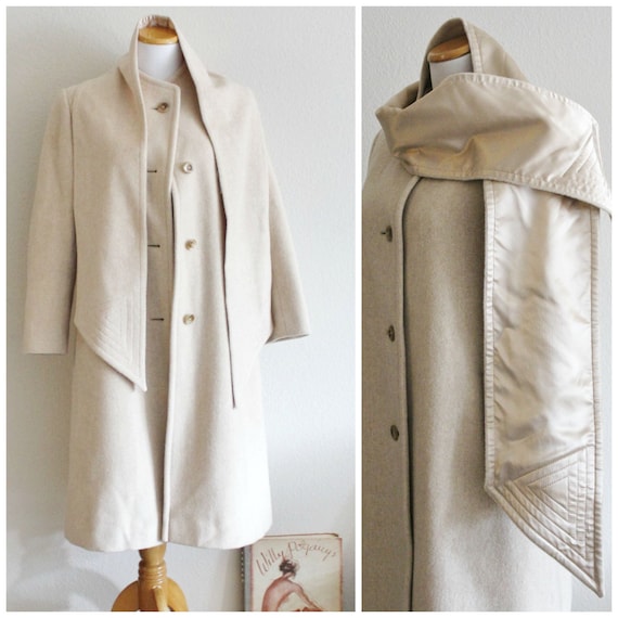 Vintage 70's Fancy Neutral Cream Wool Coat with Matching
