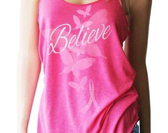 Believe with Butterflies Breast Cancer Shirt. Breast Cancer Awareness. Breast Cancer Tank. Breast Cancer Pink Ribbon Shirt.