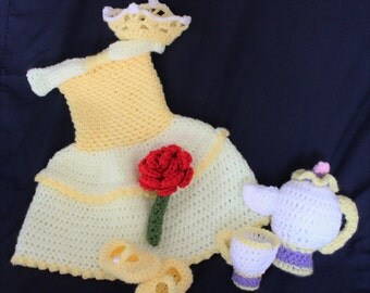 Crochet Princess Belle Costume - Beauty and the Beast Inspired - Mrs. Potts and Teacup Accessories - Disney Princess Baby Photo Prop