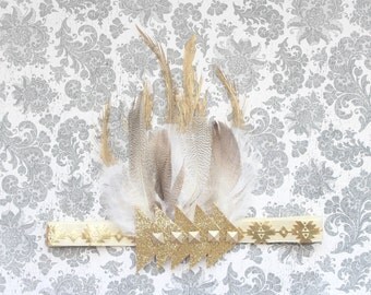 Adorable Aztec Cream Gold Feather Headband Gold Dipped Feather Headdress for Baby Girl 0-12 Months First Birthday