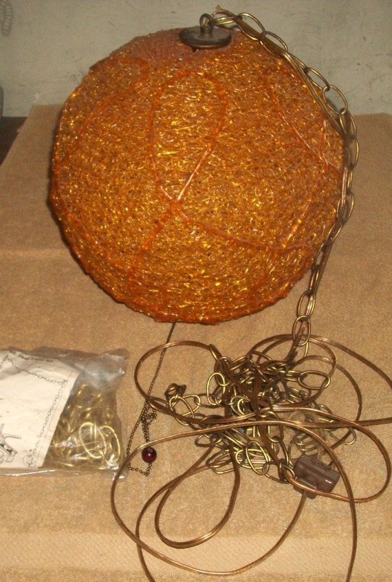 Vintage Large ORANGE SPAGHETTI ACRYLIC Round Swag Lamp Mid