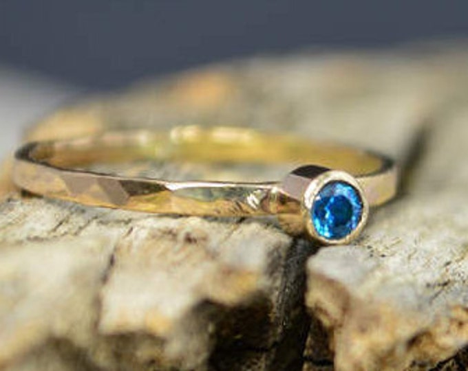 Classic Solid 14k Gold Blue Zircon Ring, 3mm gold solitaire, solitaire ring, real gold, December Birthstone, Mothers RIng, Solid gold band