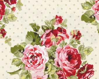 SHABBY CHIC FLORAL Fabric By the Yard, Half, Fat Quarter Roses Dots Flowers Sage Green Pink on Cream 100% Cotton Quilting Apparel t2/14
