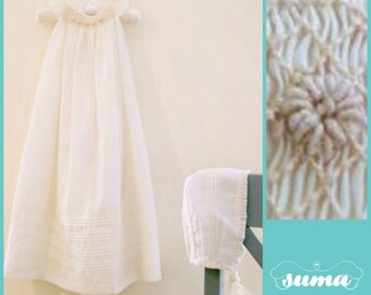 Long Baptism Gown IVORY - Long Christening Gown with Bonnet - Smocked baby dress - Dedication dress - cotton