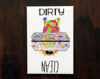 Clean Dirty Dishwasher Magnet w Funny Cat - Orange Tabby playing with paints