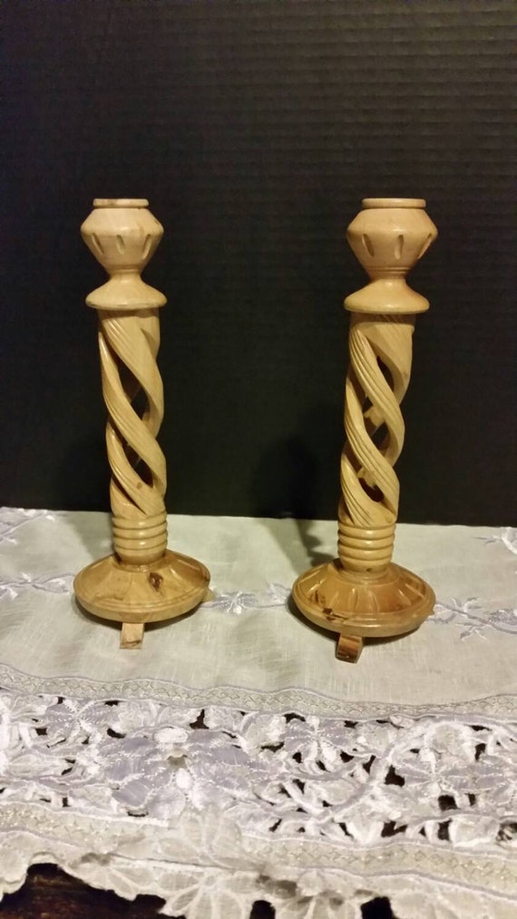 Carved Wooden Candlesticks Pair Vintage Spiral Cut Carved Wood