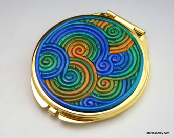 Compact Pocket Mirror in Blue, Green, Gold Fimo Clay Filigree