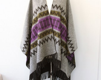 Fringe poncho Autumn fall accessories Long poncho Southwestern Western Winter wrap Blanket poncho Native clothing Large shawl Gray purple
