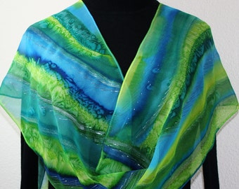 Silk Scarf Hand Painted Silk Shawl Turquoise Green Hand Dyed Silk Scarf MOUNTAIN STREAMS Size 11x60 Birthday Gift Scarf Gift-Wrapped Scarf