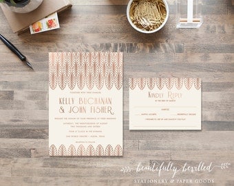 Great Gatsby Rose Gold Faux-Foil Art Deco Wedding Invitations --- 1920's, Art Deco, Flapper Pink and Ivory
