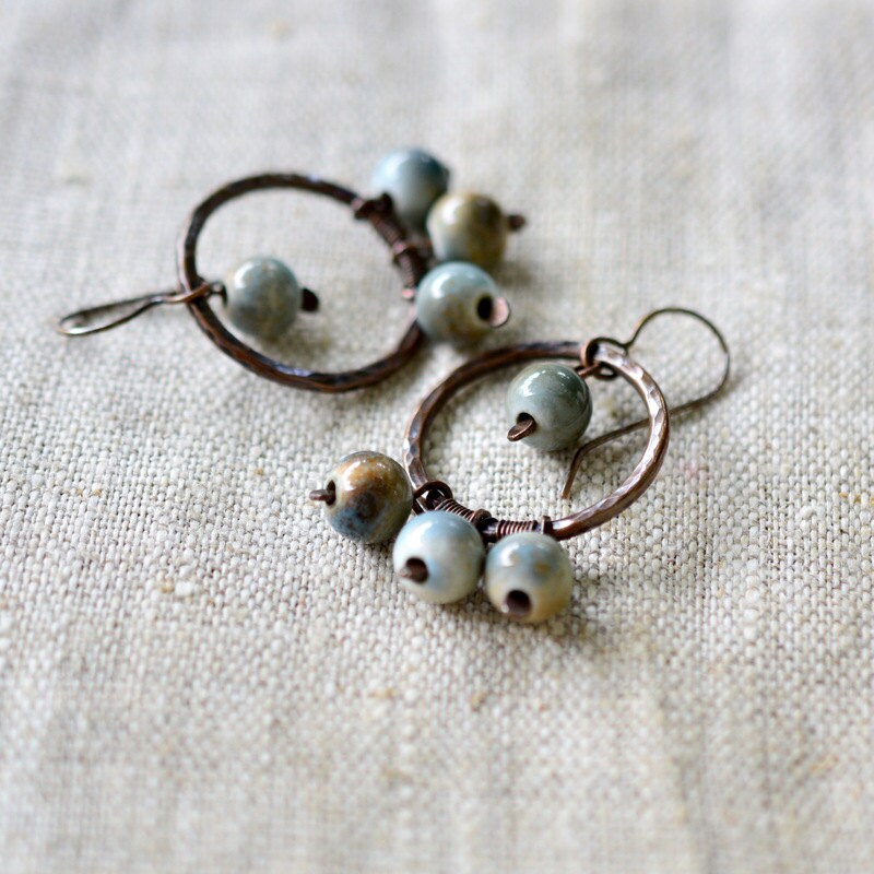 Copper chandelier earrings teal and brown earrings boho