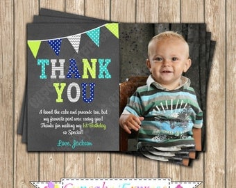 One First Birthday BOY grey teal lime navy blue PRINTABLE chalkboard Thank You Card #1 chevron polka dot 1st birthday diy