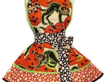 Alexander Henry Pumpkin Party #1 READY TO SHIP Retro Pinup Halloween Apron--A "Tie Me Up Aprons" Exclusive Limited Edition