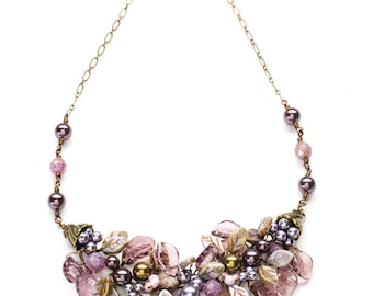 Purple Bib Necklace, Floral Burgundy Vintage Style Necklace, Purple Bridal Necklace, Boho Necklace, Leaf Necklace, Nature Jewelry