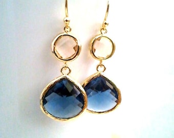 SALE! Wedding Jewelry Gold Champagne Blush Earrings, Navy Earrings, Peach Earrings, Sapphire Earrings, Bridesmaid Gift, Gift for MOM