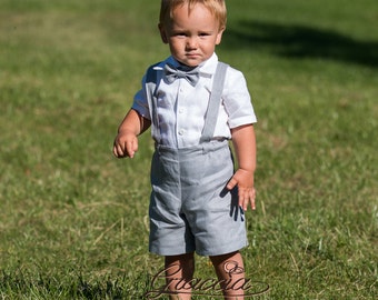 Boy shorts with suspenders Ring bearer outfit Baby boy linen suit First birthay clothes Baptism overalls Diaper cover set Rompers light Gray