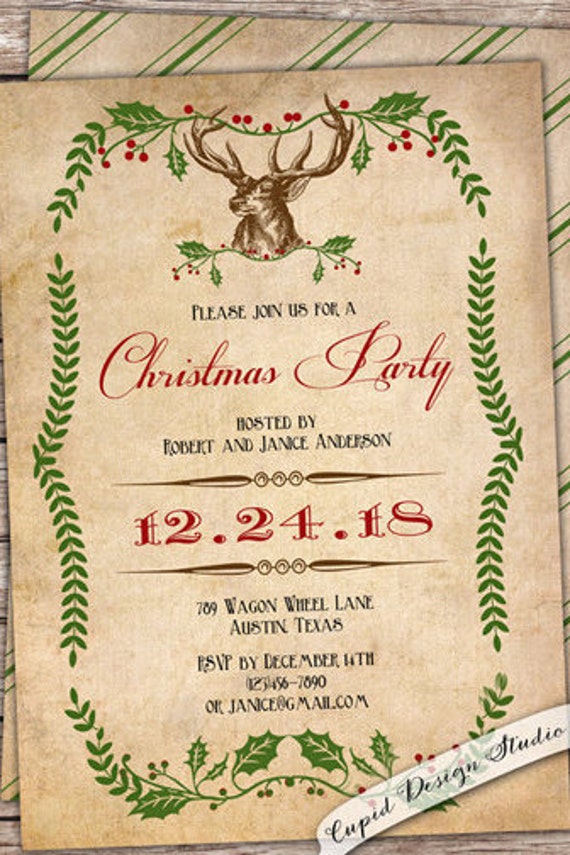 Rustic Christmas invitation. Deer xmas invite. Reindeer invitation ...