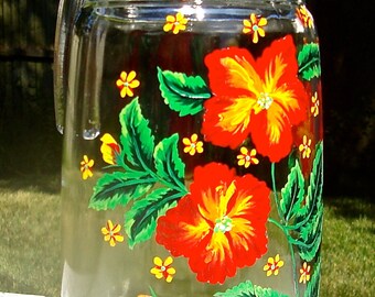 Glass Pitcher Hand Painted With Bright Red Flowers, Gifts For Mom, Housewarming Gift, Home Decor, Wedding Shower Gift, Gift For Her