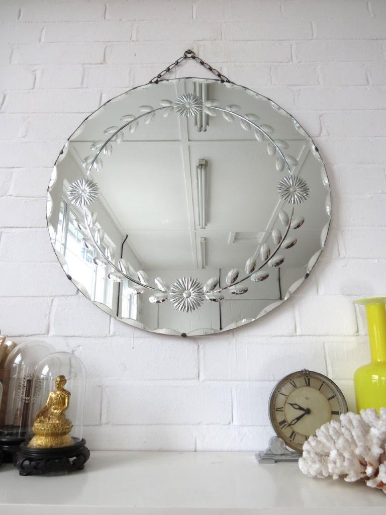 Vintage Extra Large Round Art Deco Bevelled Edge Wall Mirror
