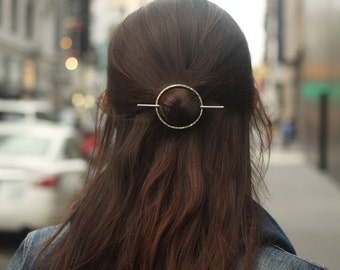 Open circle hair slide silver hair clip hammered brass hair barrette minimalist rustic copper hair accessories shawl pin woman's accessories
