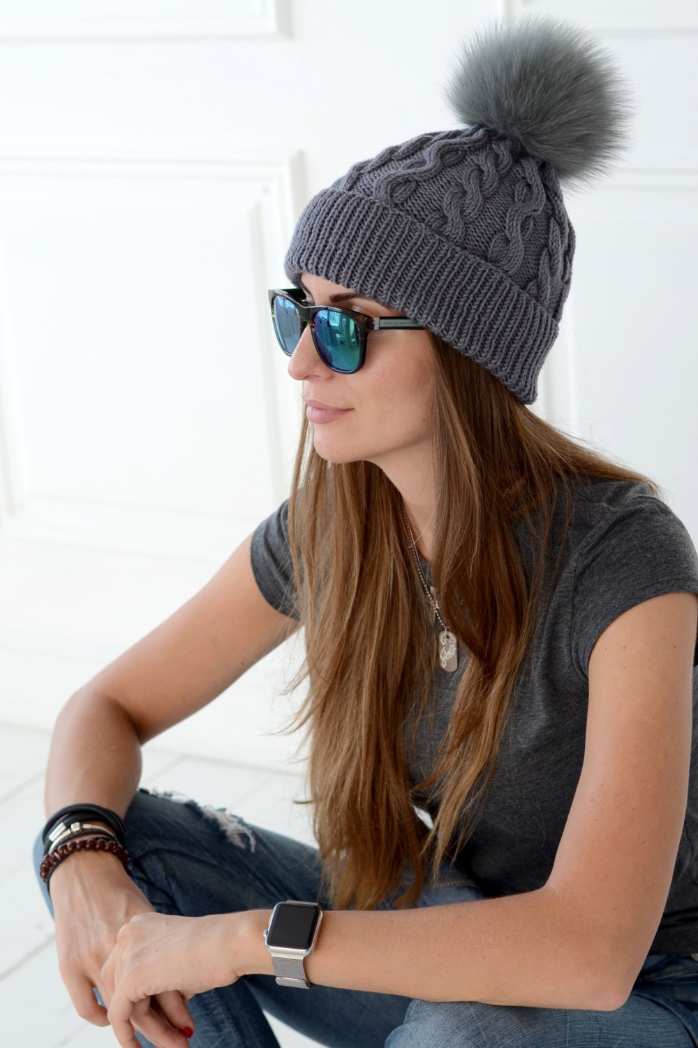 Knit hat in grey with fur pompom Knit beanie Women pom pom