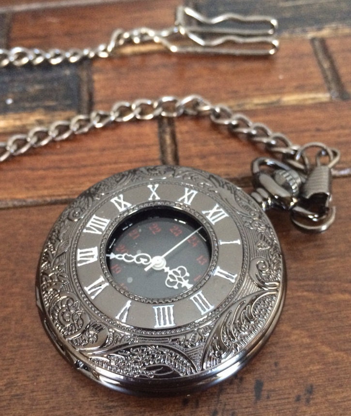 Black Pocket Watch with Vest Chain by PocketwatchKeepsakes on Etsy