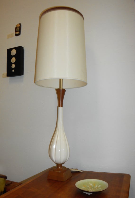 MCM Teak Table Lamp with White Ceramic Neck