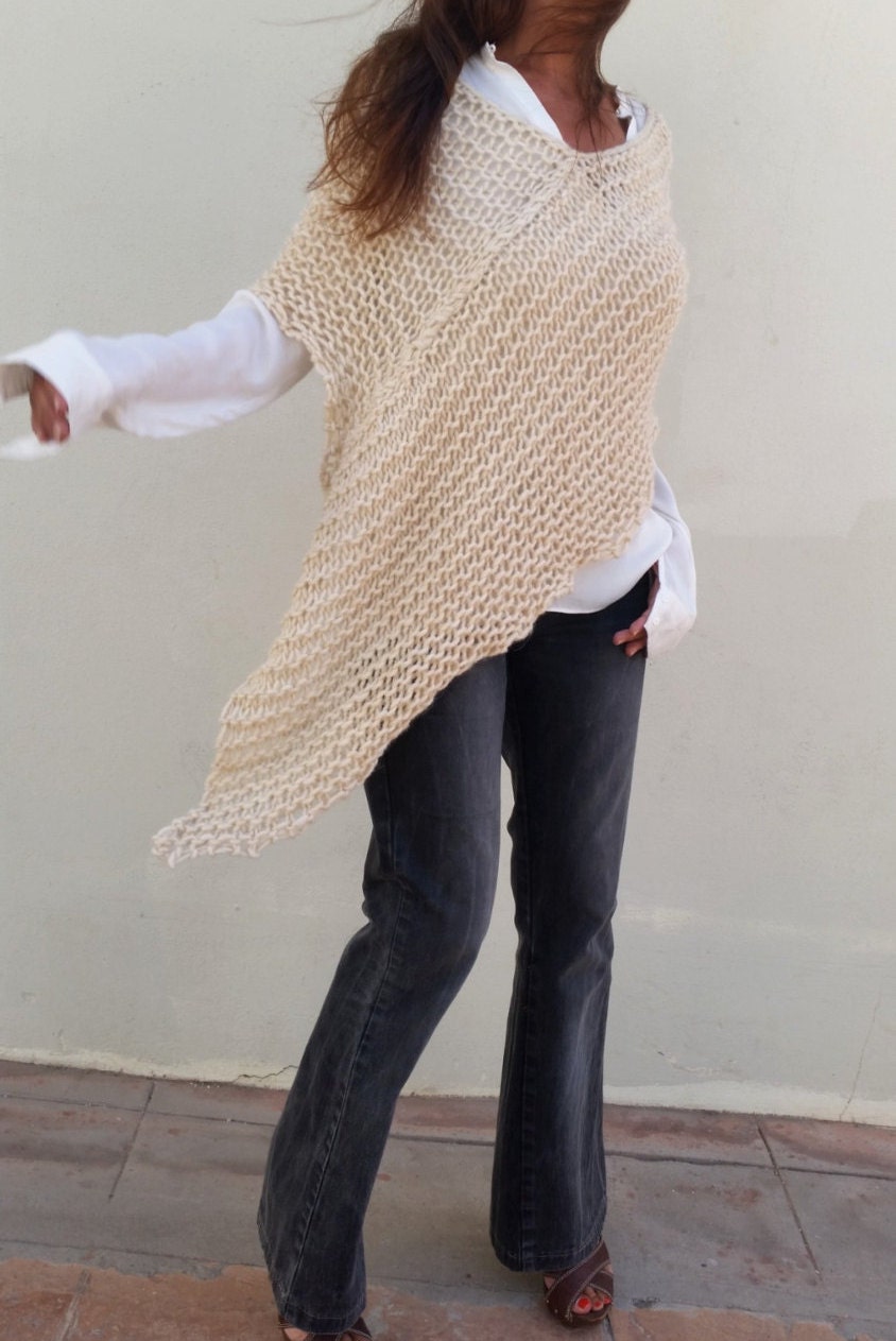 Knit cream poncho women knit poncho hand knit wool wrap