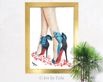 Louboutin Blue Bow High Heels Shoes Fine Art Giclee Print from Original Watercolor Fashion Illustration Artwork