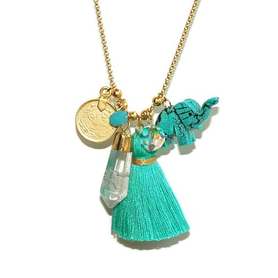 Items similar to Tassel charm necklace, boho statement necklace, boho