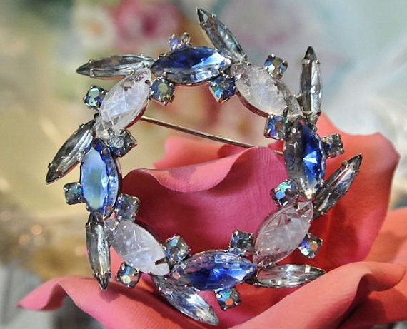 Givre Glass Rhinestone Brooch Art Glass 1960s 60s Mid Century Brooch AB Aurora Borealis Spiky Navettes Brooch Wedding Bride Aquamarine Blue
