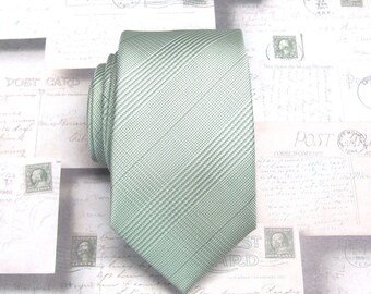 Mens Ties. Narrow Ties. Pastel Sage Green Plaid Mens Necktie with Matching Pocket Square Option. Wedding Ties.