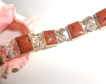 Red Jasper Taxco Bracelet -Sterling Panel Link Old Mexican Hallmarked Fashion