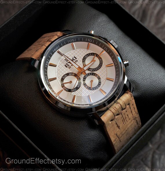Mens Calendar Watch Handmade Cork Straps Quartz Watch