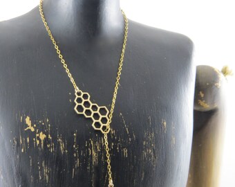 Lariat necklace, bee necklace, bumble bee necklace, honeycomb necklace, gold filled chain, bee and honeycomb lariat necklace, queen bee