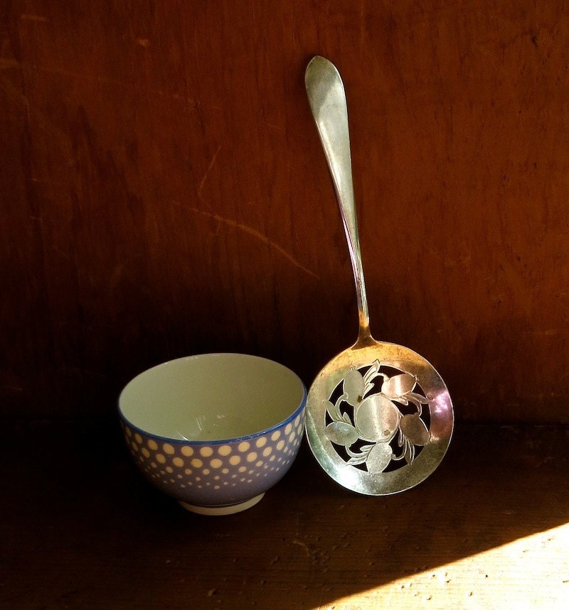 Vintage Silver Tomato Spoon, Silver Plate, Slotted Serving Utensil, Floral Pattern Cutout