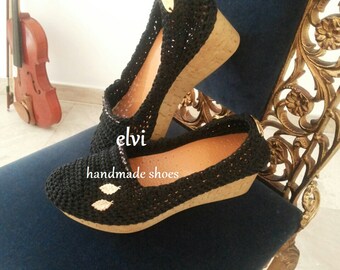 Women Wedges shoes,platform shoes,cork shoes, crochet shoes, elvihandmade,Handmade women shoes, black crochet shoes, handmade shoes