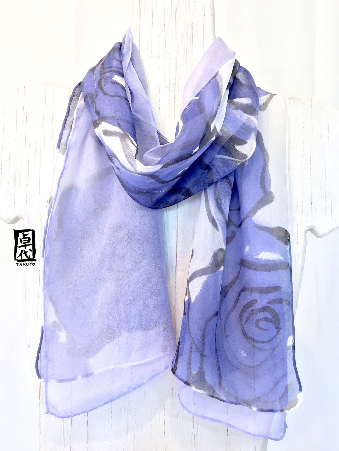 Blue Silk Scarf handpainted Reversible Silk Scarf Silk