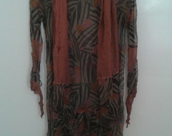 SALE /// True Vintage 1920's Wild Pink Orange Olive Black Print Tunic Dress w/Scarf Art Deco Flapper Boardwalk Empire Gatsby XS