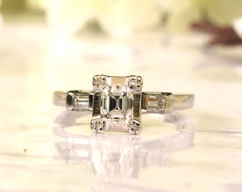 Art Deco Emerald Cut Engagement Ring 0.58ctw Diamond Vintage Engagement Ring 14K White Gold Baguette Diamond Wedding Ring & Appraisal Size 6