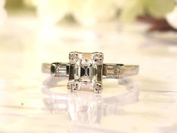 Art Deco Emerald Cut Engagement Ring 0.58ctw Diamond Vintage