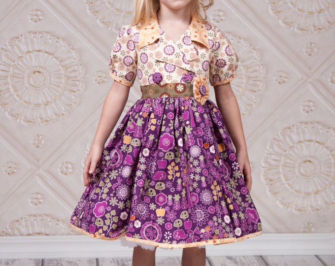 Little Girls Dress - Woodland Birthday - Toddler Clothes - Tea Party - Purple - Hedgehogs - Full Skirt - Hair Clip - Handmade - 2T - 8 ys